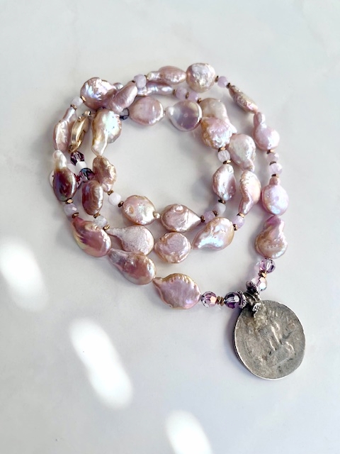 Champagne Pearls, Kunzite, Vintage Coin Necklace