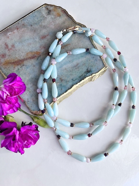 Amazonite, Garnet, Kunzite, Rope Necklace