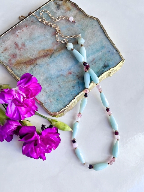 Garnet, Amazonite, Kunzite, Quartz Necklace