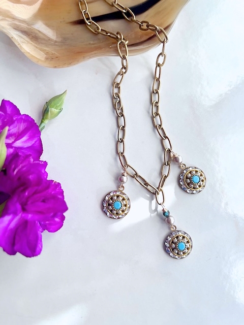 Antiqued Brass Chain, Vintage Crystals Necklace