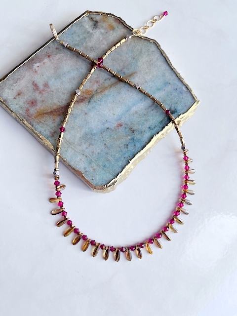 Brass, Crystal, Tortoise Czech Glass Necklace