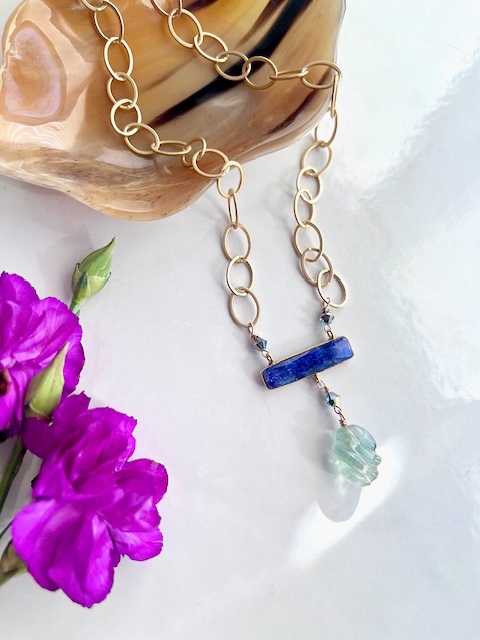 Blue Sodalite, Fluorite, Gold Chain Necklace