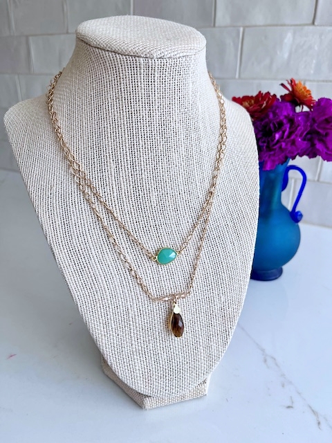 Chrysophase, Smoky Quartz, Gold Chain Necklace