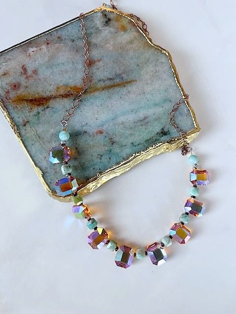 Amazonite, Bronze Chain, Vintage Crystal Necklace