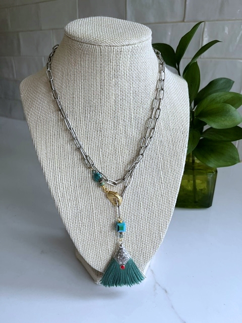 Green Tassel, Silver Chain, Turquoise Necklace