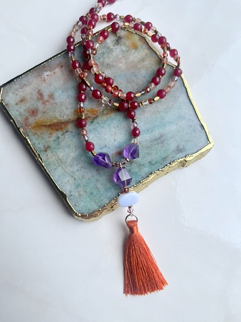 Amethyst, Chalcedony, Jade, Tassel Necklace