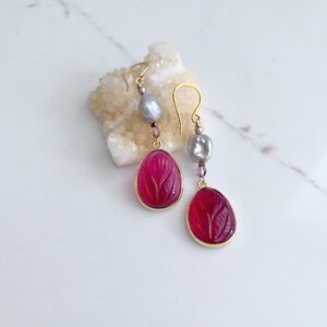 Carved Ruby Quartz, Pearl, Earring