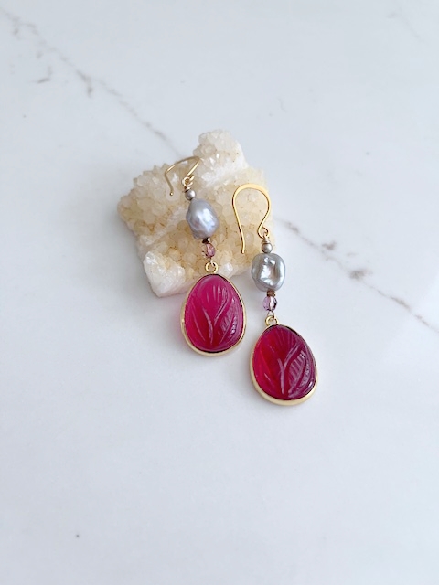 Carved Ruby Quartz, Pearl, Earring