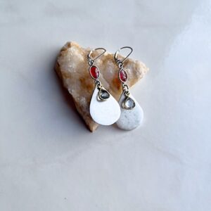 Garnet, Quartz, Brushed Silver Teardop Earring