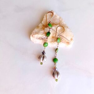 Crystal, Green Enamel Chain, Silver Earring