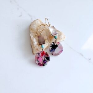 Abstract Acetate Disc, Mother-of-Pearl, Turquoise Earrings