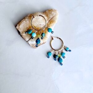 A Turquoise, Peridot Gold Hoop Earring