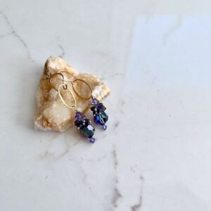 Blue Tourmaline, Brushed Gold Oval, Swarovski Crystal Earring