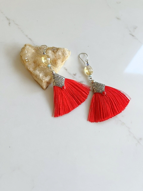 Citrine, Amazonite, Poppy Red, Silver Tassel Earring