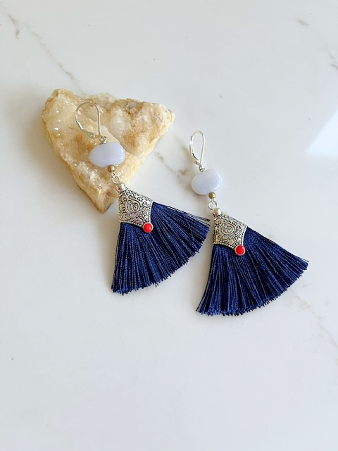 Chalcedony, Navy Blue Tassel Earring