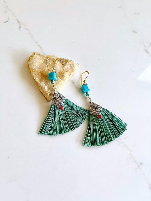Green Tassel, Turquoise, Vintage Crystal, Silver Earring